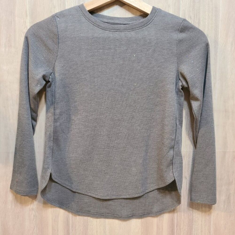 SO Girls Size 7 Gray Waffle Knit Long Sleeve Shirt Sparkle Glitter Thermal Top